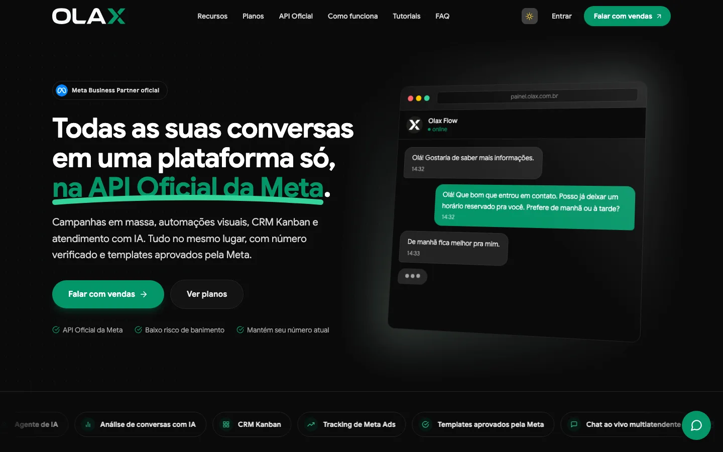 Site da Olax, com a conversa de WhatsApp na API Oficial da Meta