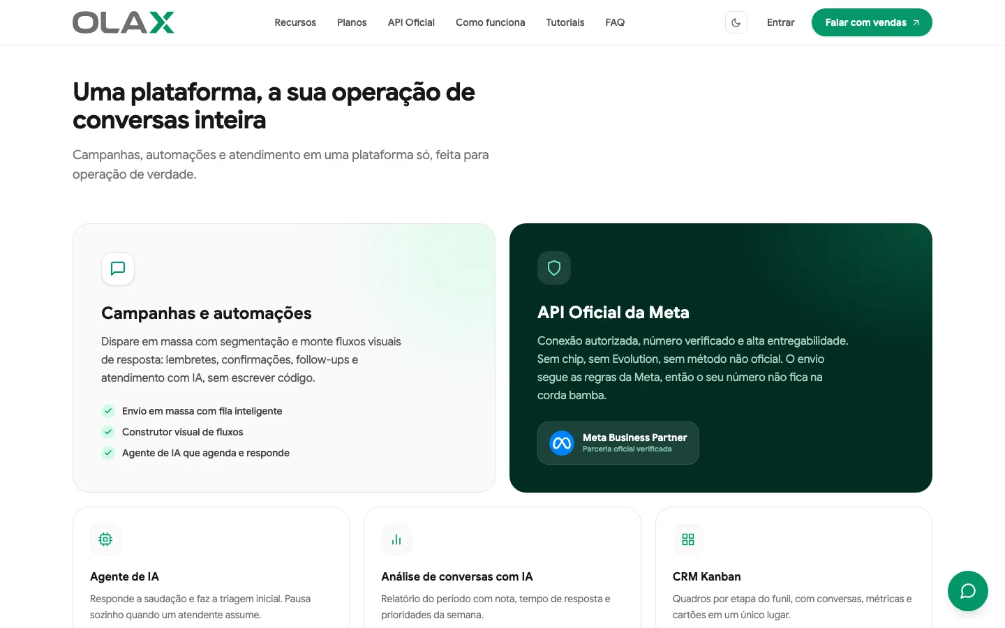 Recursos da Olax: campanhas, automações e API Oficial da Meta