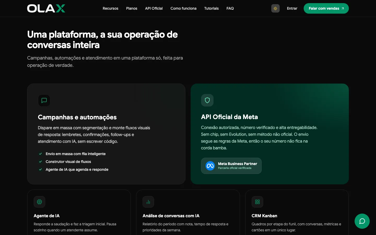 Recursos da Olax: campanhas, automações e API Oficial da Meta